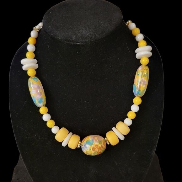 80s WD Beaded Necklace Statement Piece Yellow Colorful Spring - Picture 1 of 7
